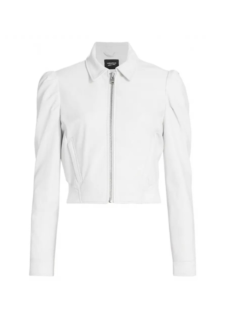 Lamarque White Cropped Leather Zip Jacket with Structured Shoulders